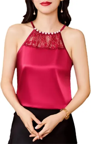 Women's Spring Summer Beaded Lace Camisole Sleeveless Patchwork Silk Satin Beaded Tank Tops