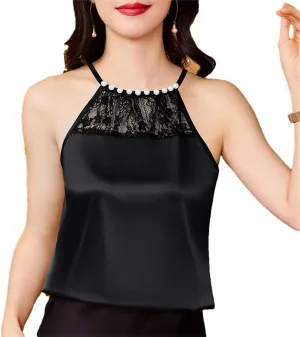 Women's Spring Summer Beaded Lace Camisole Sleeveless Patchwork Silk Satin Beaded Tank Tops