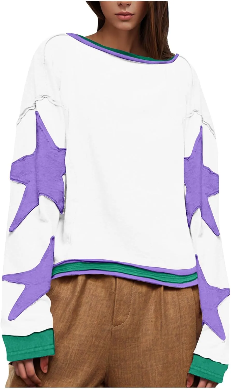 Women's Stars Patchwork Sweatshirt Casual Loose Round Neck Long Sleeve Pullover Fashion Y2K Loose Tops