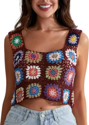 Women's Summer Crochet Tank Top Embroidery Knit Vest Tops Boho Camisole Beachwear (16_Wine Red)