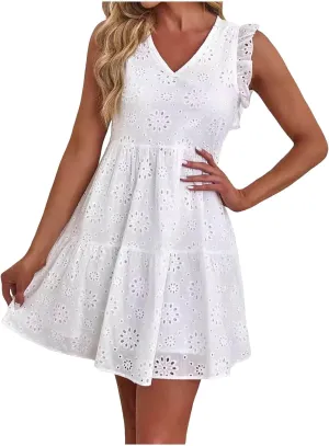 Womens Summer Dresses Sleeveless V Neck Ruffle Mini Dress Solid Color Lace Floral Casual Loose Flowy Dresses