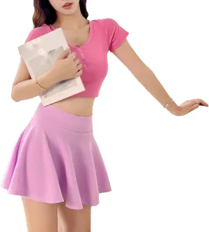 Women's Summer Fashion Mini Elastic Pleated Skirt Solid Color Loose Casual Skirt Bodycon Party Skirts