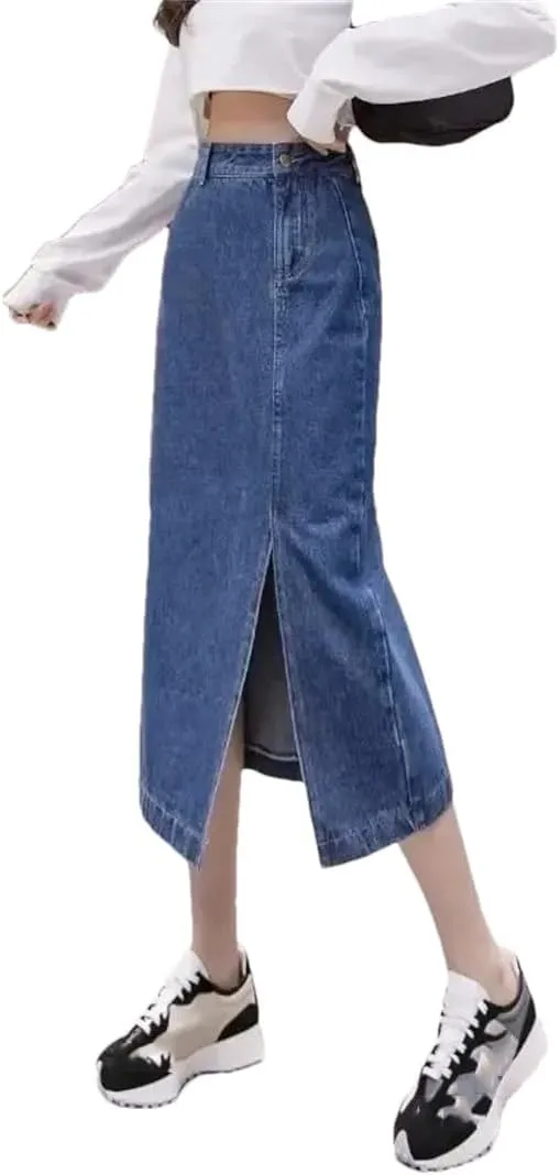 Women's Summer High-Waisted Side Slit Denim Skirt Fashion A- Line Medium Length Skirt