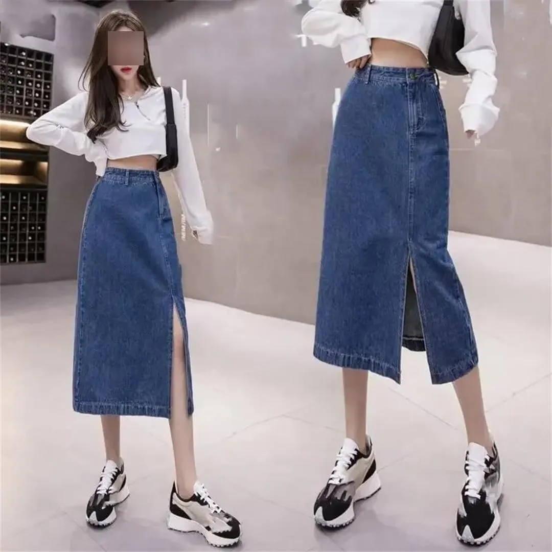 Women's Summer High-Waisted Side Slit Denim Skirt Fashion A- Line Medium Length Skirt