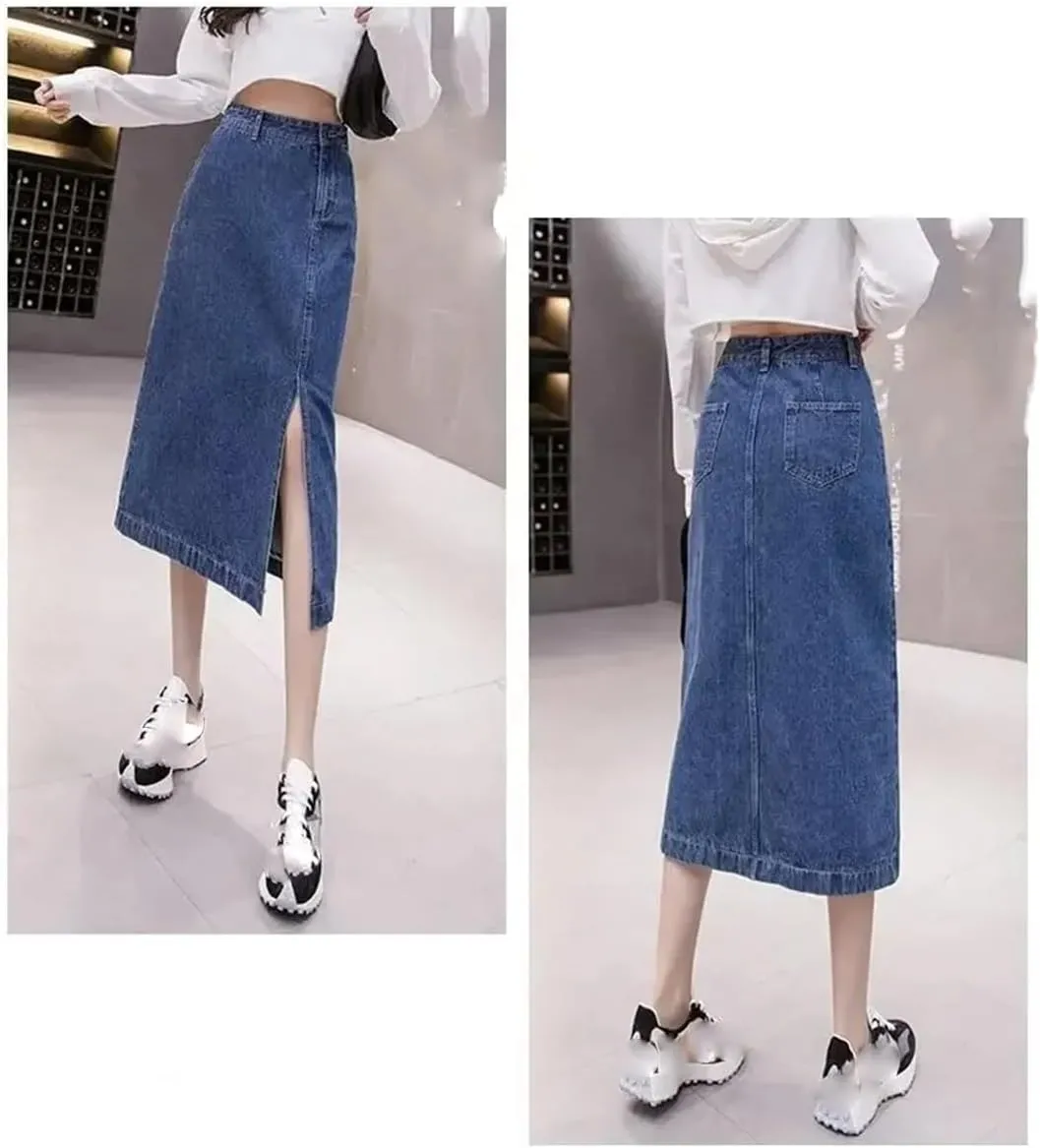 Women's Summer High-Waisted Side Slit Denim Skirt Fashion A- Line Medium Length Skirt