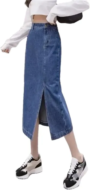 Women's Summer High-Waisted Side Slit Denim Skirt Fashion A- Line Medium Length Skirt