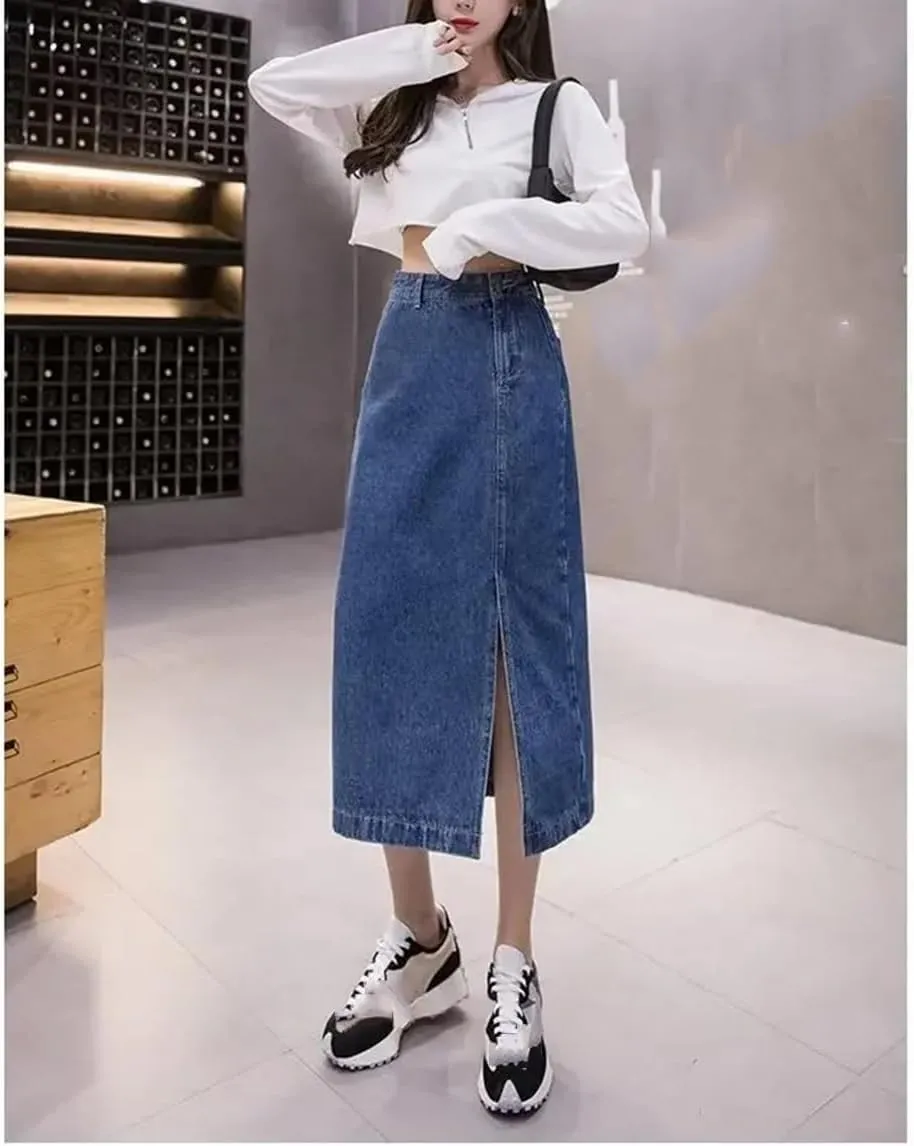 Women's Summer High-Waisted Side Slit Denim Skirt Fashion A- Line Medium Length Skirt