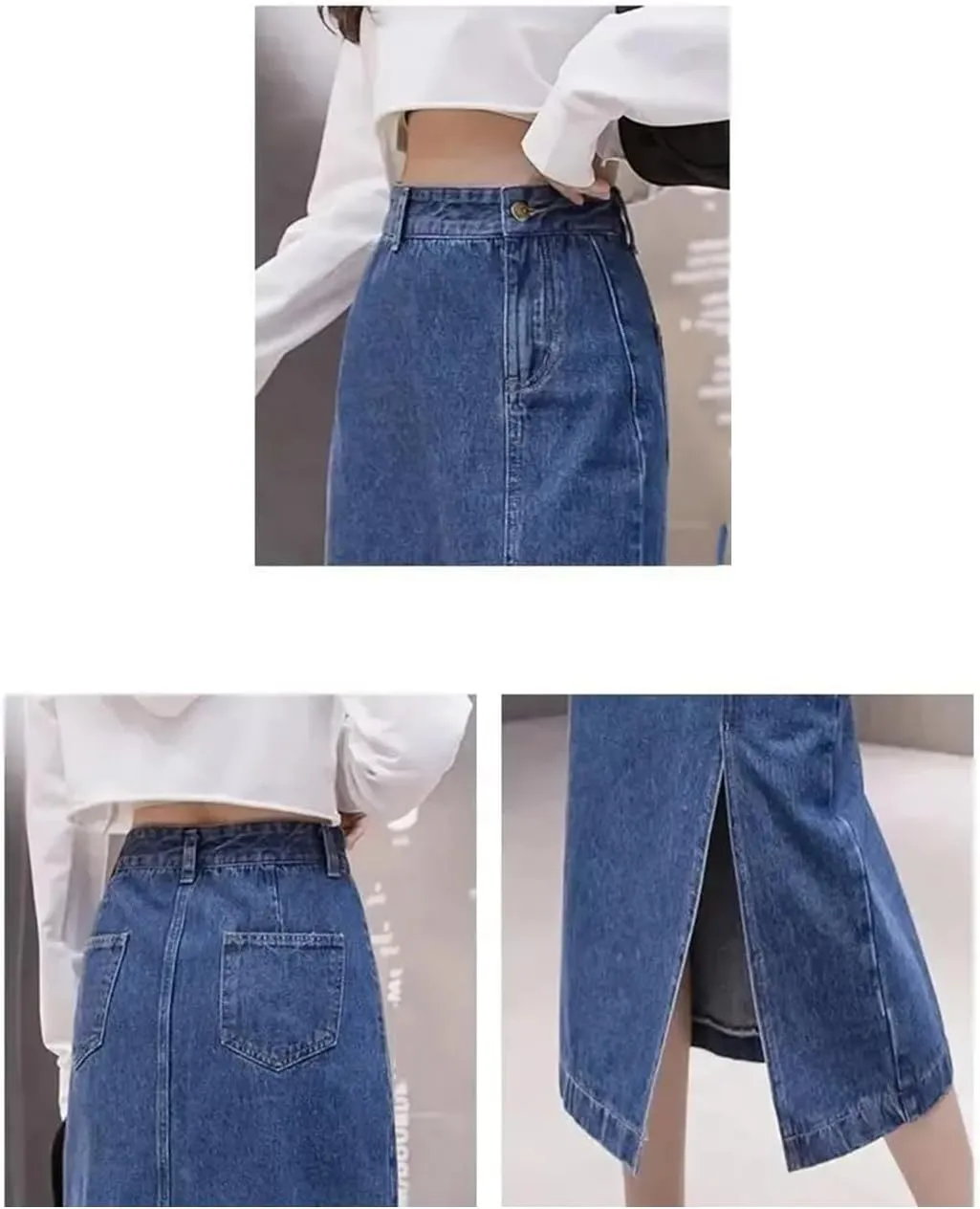 Women's Summer High-Waisted Side Slit Denim Skirt Fashion A- Line Medium Length Skirt