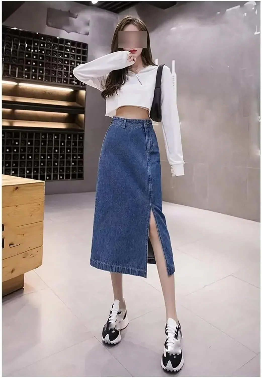 Women's Summer High-Waisted Side Slit Denim Skirt Fashion A- Line Medium Length Skirt