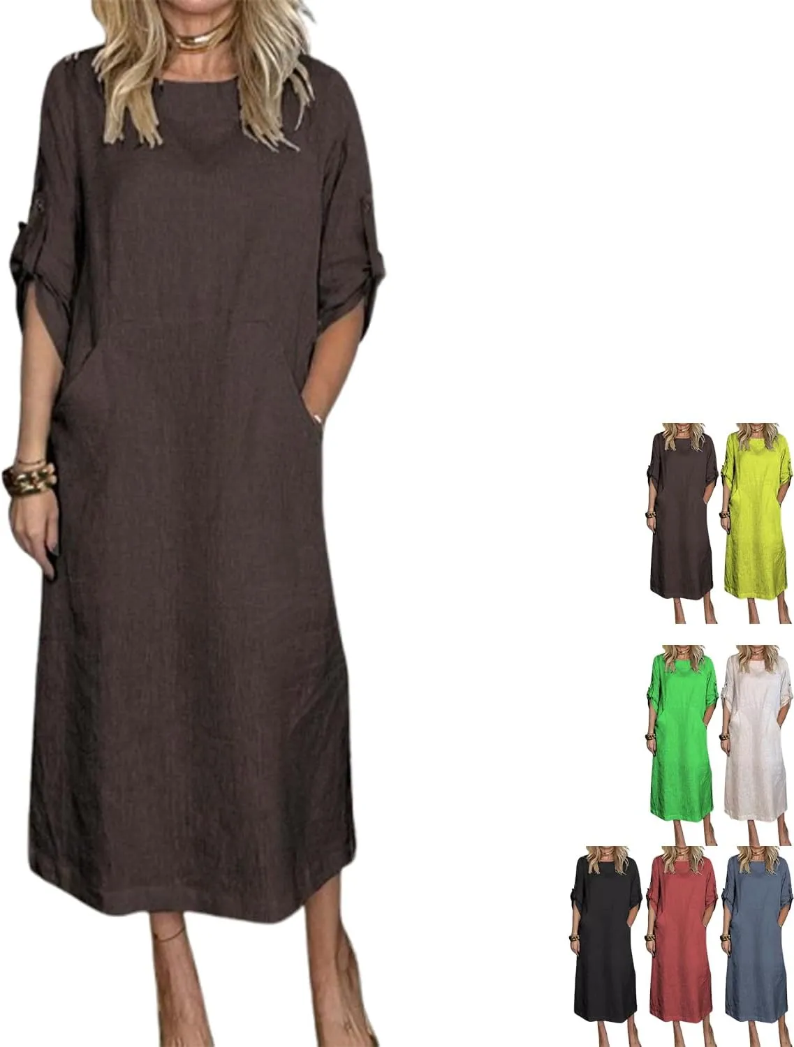 Women's Summer Solid Color Cotton Linen Casual Round Neck 3/4 Sleeve A-Line Maxi Dress forVacation, Everyday Wear