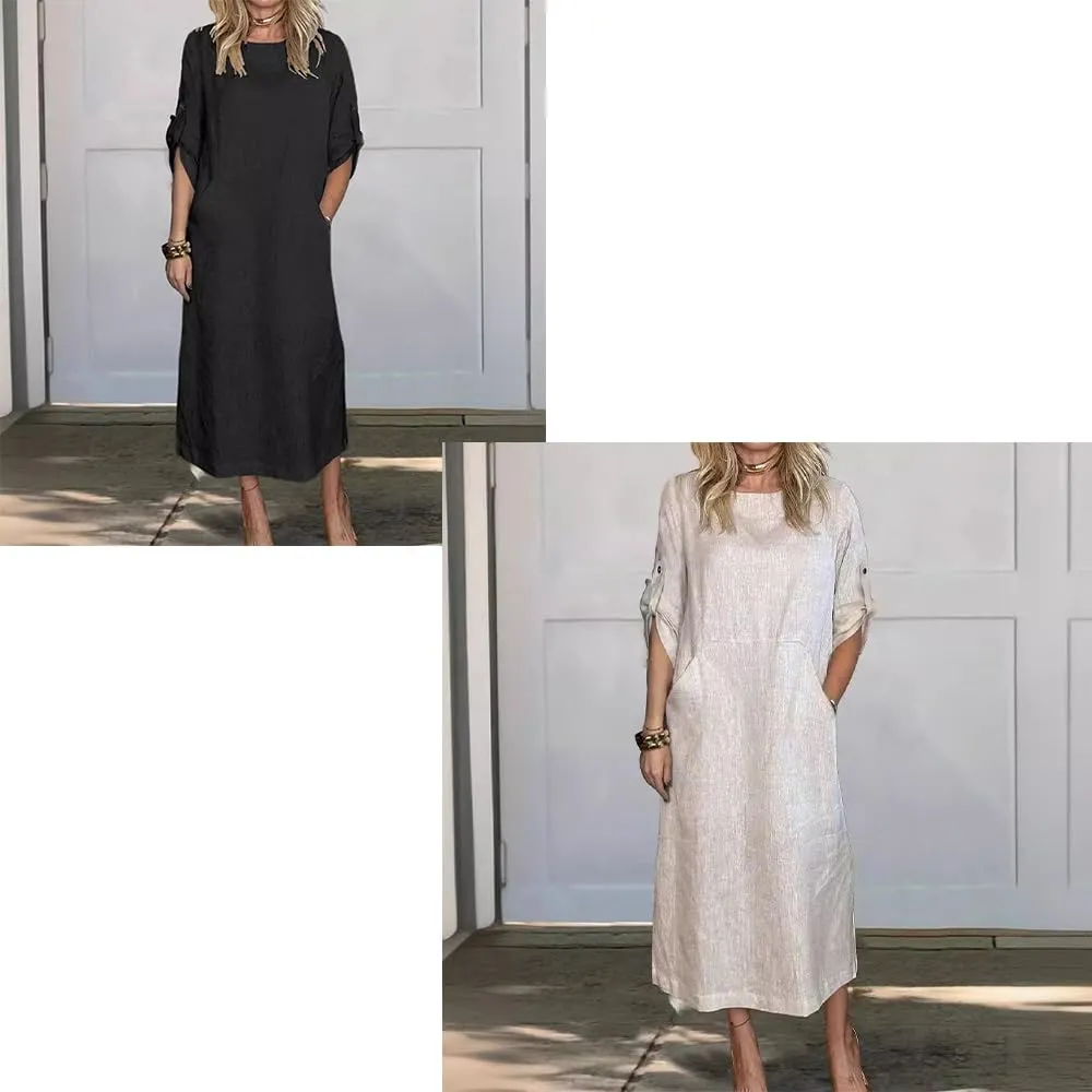 Women's Summer Solid Color Cotton Linen Casual Round Neck 3/4 Sleeve A-Line Maxi Dress forVacation, Everyday Wear