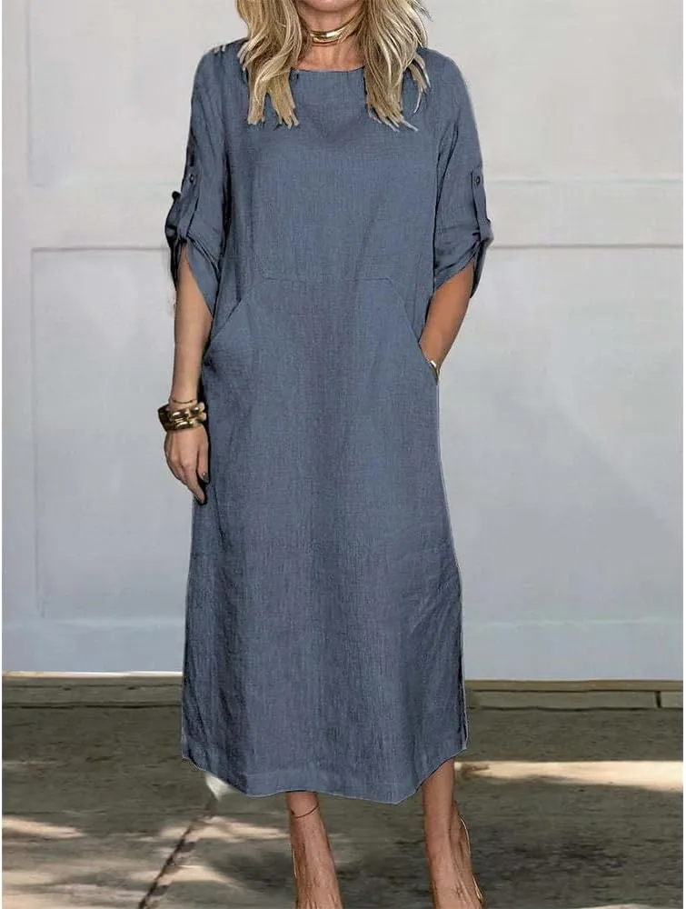 Women's Summer Solid Color Cotton Linen Casual Round Neck 3/4 Sleeve A-Line Maxi Dress forVacation, Everyday Wear