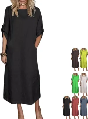 Women's Summer Solid Color Cotton Linen Casual Round Neck 3/4 Sleeve A-Line Maxi Dress forVacation, Everyday Wear