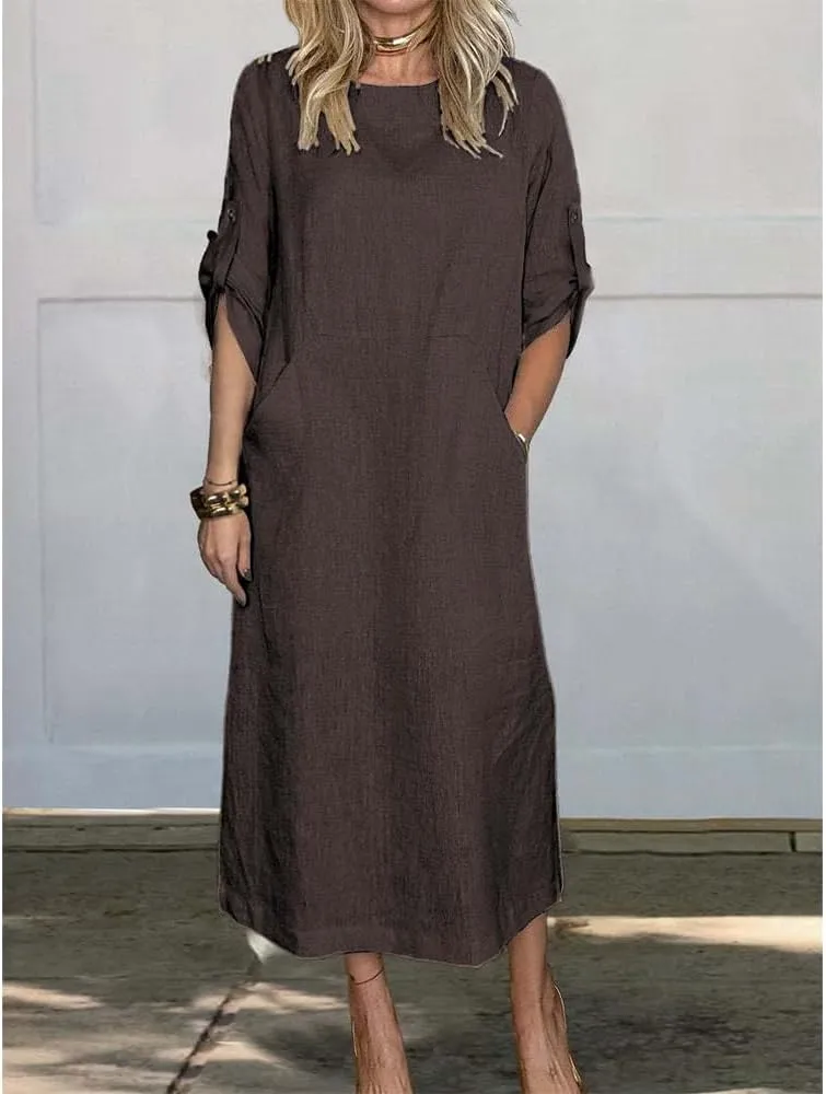 Women's Summer Solid Color Cotton Linen Casual Round Neck 3/4 Sleeve A-Line Maxi Dress forVacation, Everyday Wear