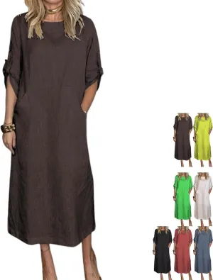 Women's Summer Solid Color Cotton Linen Casual Round Neck 3/4 Sleeve A-Line Maxi Dress forVacation, Everyday Wear
