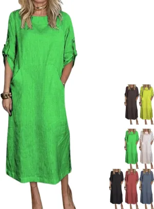 Women's Summer Solid Color Cotton Linen Casual Round Neck 3/4 Sleeve A-Line Maxi Dress forVacation, Everyday Wear