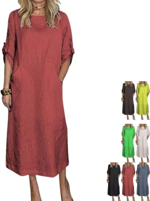 Women's Summer Solid Color Cotton Linen Casual Round Neck 3/4 Sleeve A-Line Maxi Dress forVacation, Everyday Wear