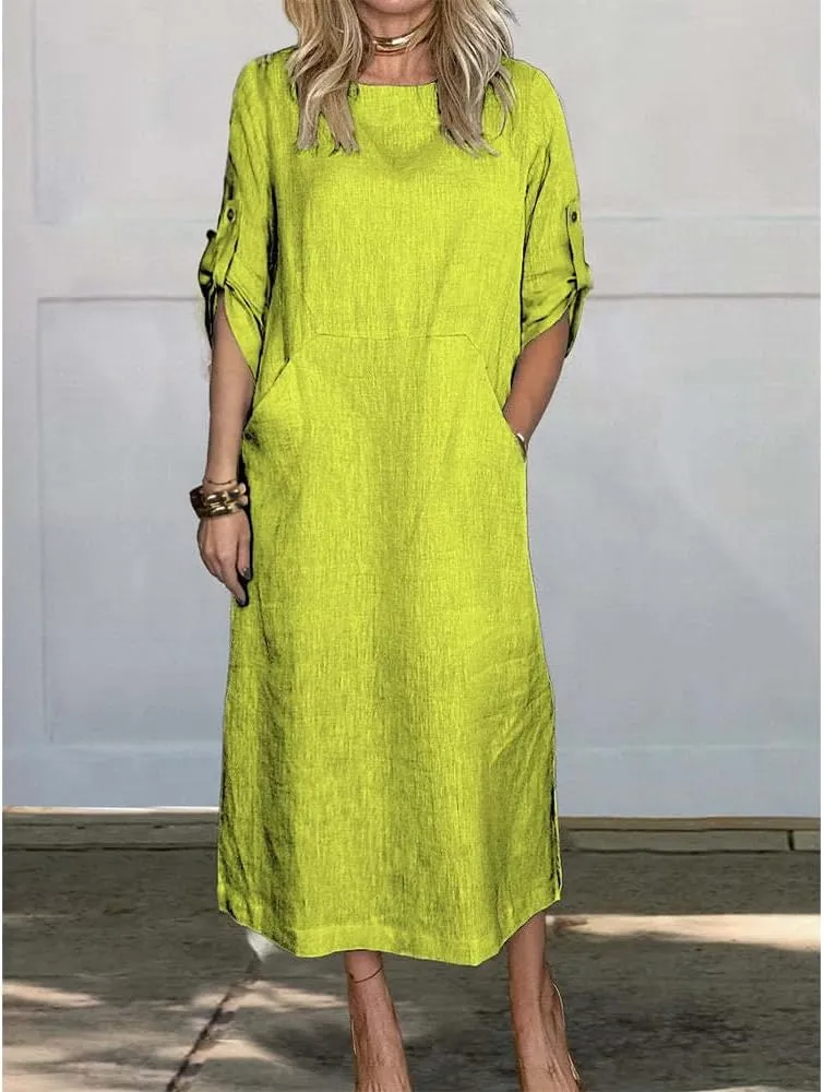 Women's Summer Solid Color Cotton Linen Casual Round Neck 3/4 Sleeve A-Line Maxi Dress forVacation, Everyday Wear