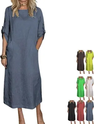 Women's Summer Solid Color Cotton Linen Casual Round Neck 3/4 Sleeve A-Line Maxi Dress forVacation, Everyday Wear