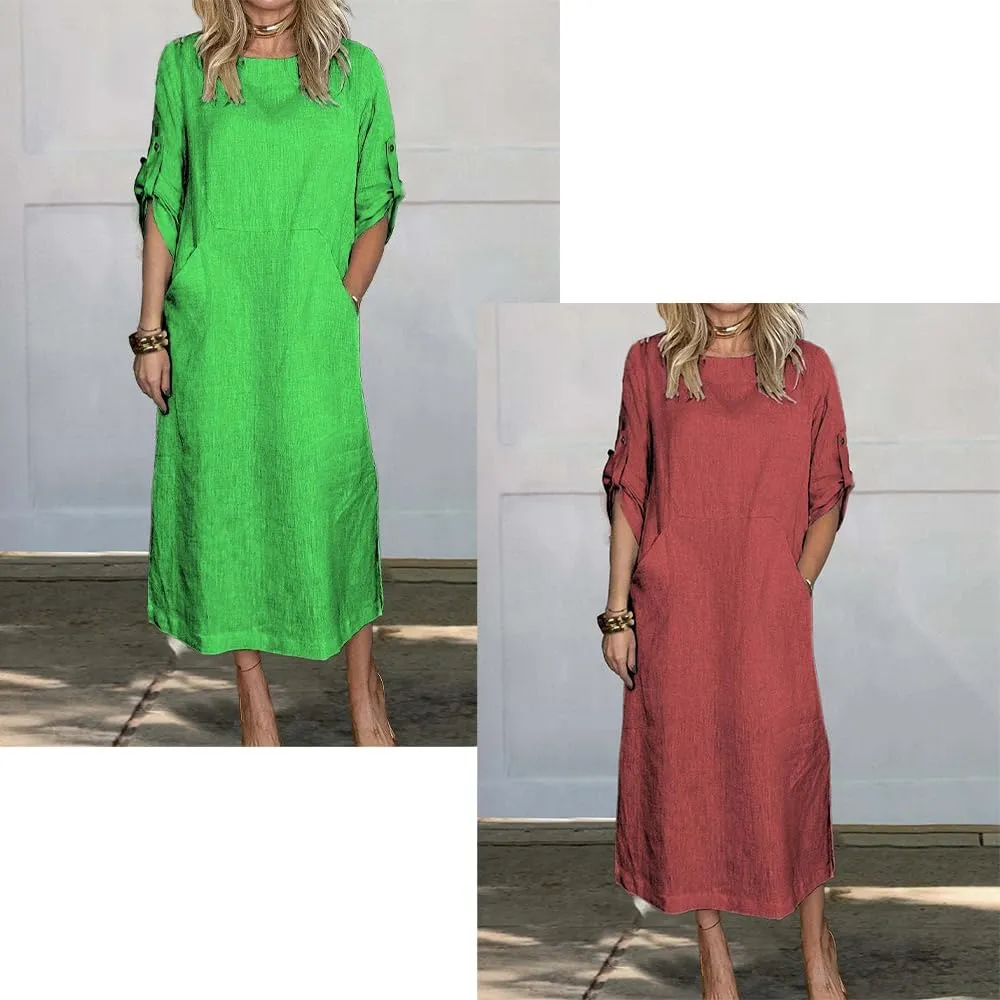 Women's Summer Solid Color Cotton Linen Casual Round Neck 3/4 Sleeve A-Line Maxi Dress forVacation, Everyday Wear
