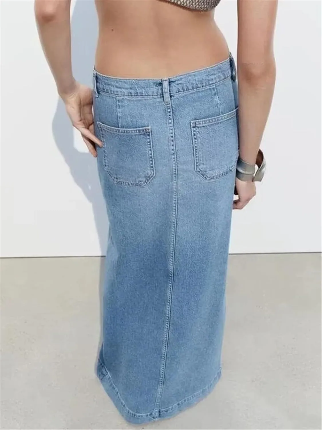 Women's Trendy High Waisted Hip Wrap with Pockets Denim Skirt Sexy Slim Long Skirt