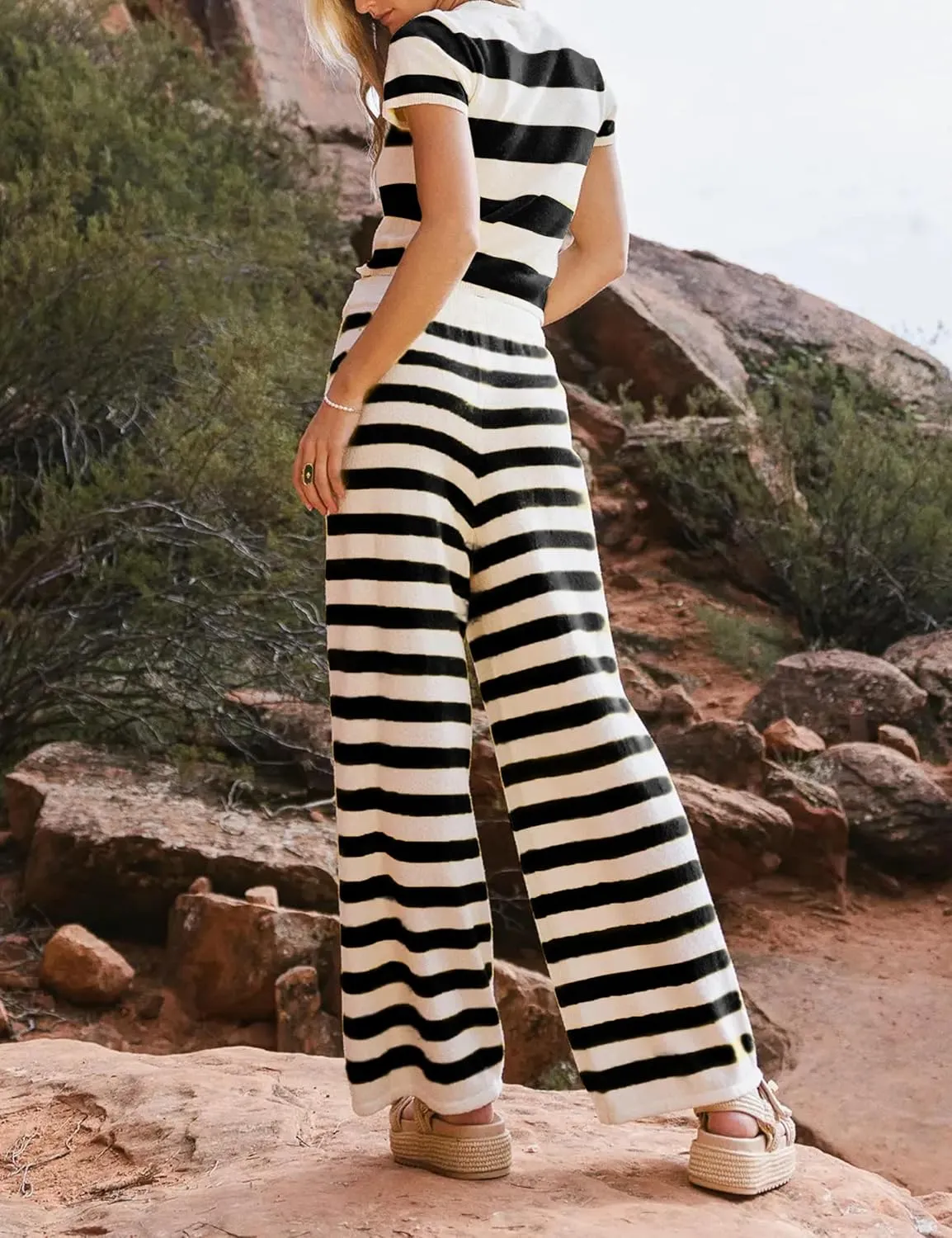 Womens Two Piece Striped Set Short Sleeve Crop Top and Wide Leg Pants Knit Matching Sets