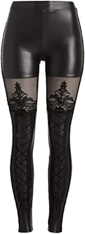 Women's Victorian Style Macbeth Faux Leather Look Leggings with Lace