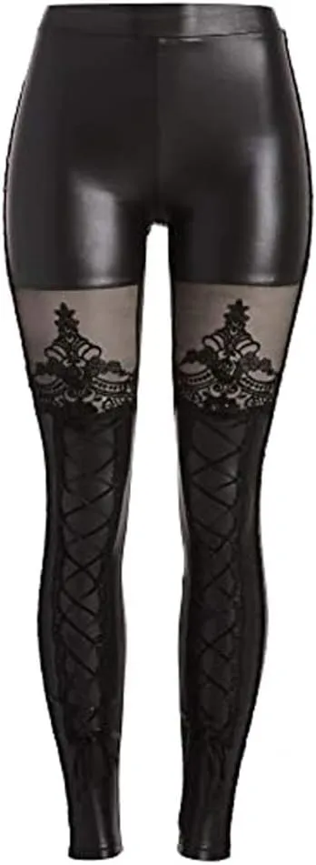 Women's Victorian Style Macbeth Faux Leather Look Leggings with Lace