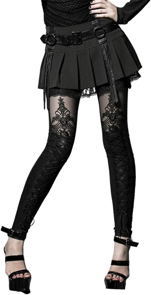 Women's Victorian Style Macbeth Faux Leather Look Leggings with Lace