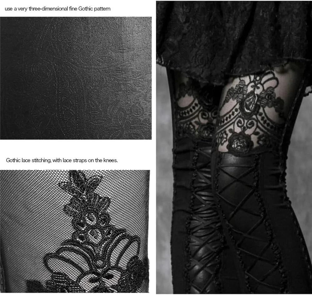 Women's Victorian Style Macbeth Faux Leather Look Leggings with Lace