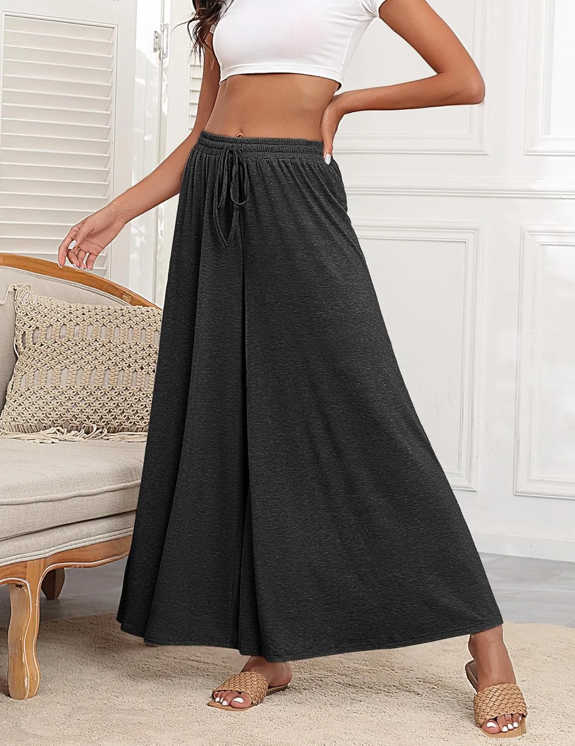 Women's Wide Leg Lounge Pants Loose High Waisted Flowy Palazzo Pants Comfy Pj Bottoms Summer Casual Beach Trousers
