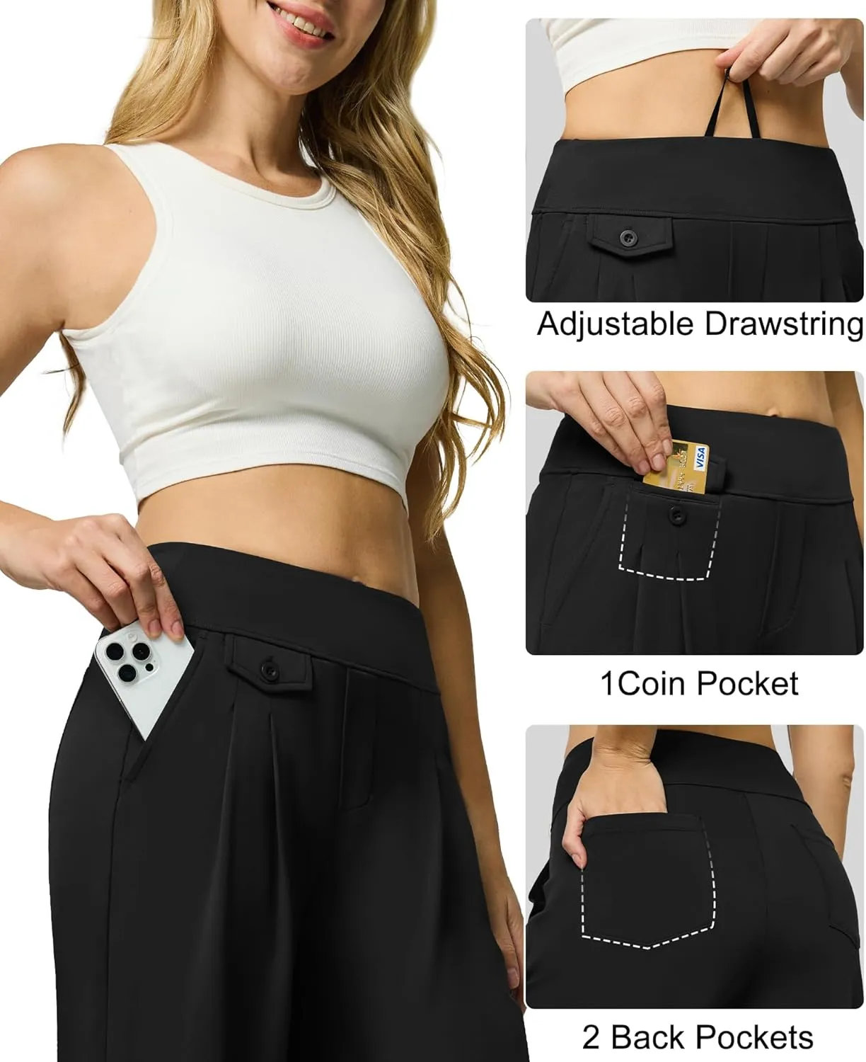 Womens Wide Leg Pants Pull On High Waist Stretch Dress Business Casual Yoga Work Pants with 5 Pockets