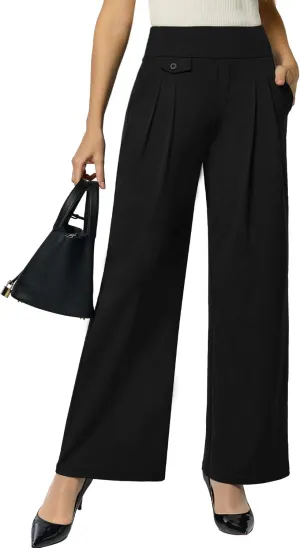 Womens Wide Leg Pants Pull On High Waist Stretch Dress Business Casual Yoga Work Pants with 5 Pockets