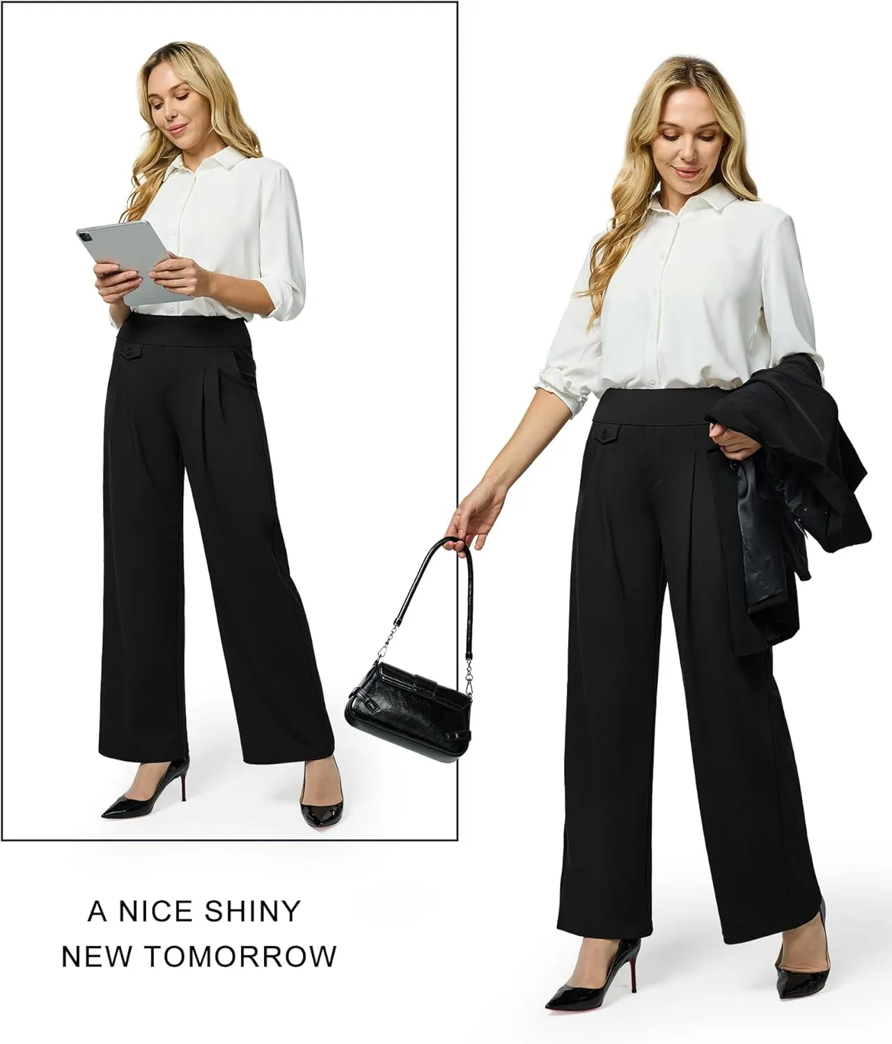 Womens Wide Leg Pants Pull On High Waist Stretch Dress Business Casual Yoga Work Pants with 5 Pockets