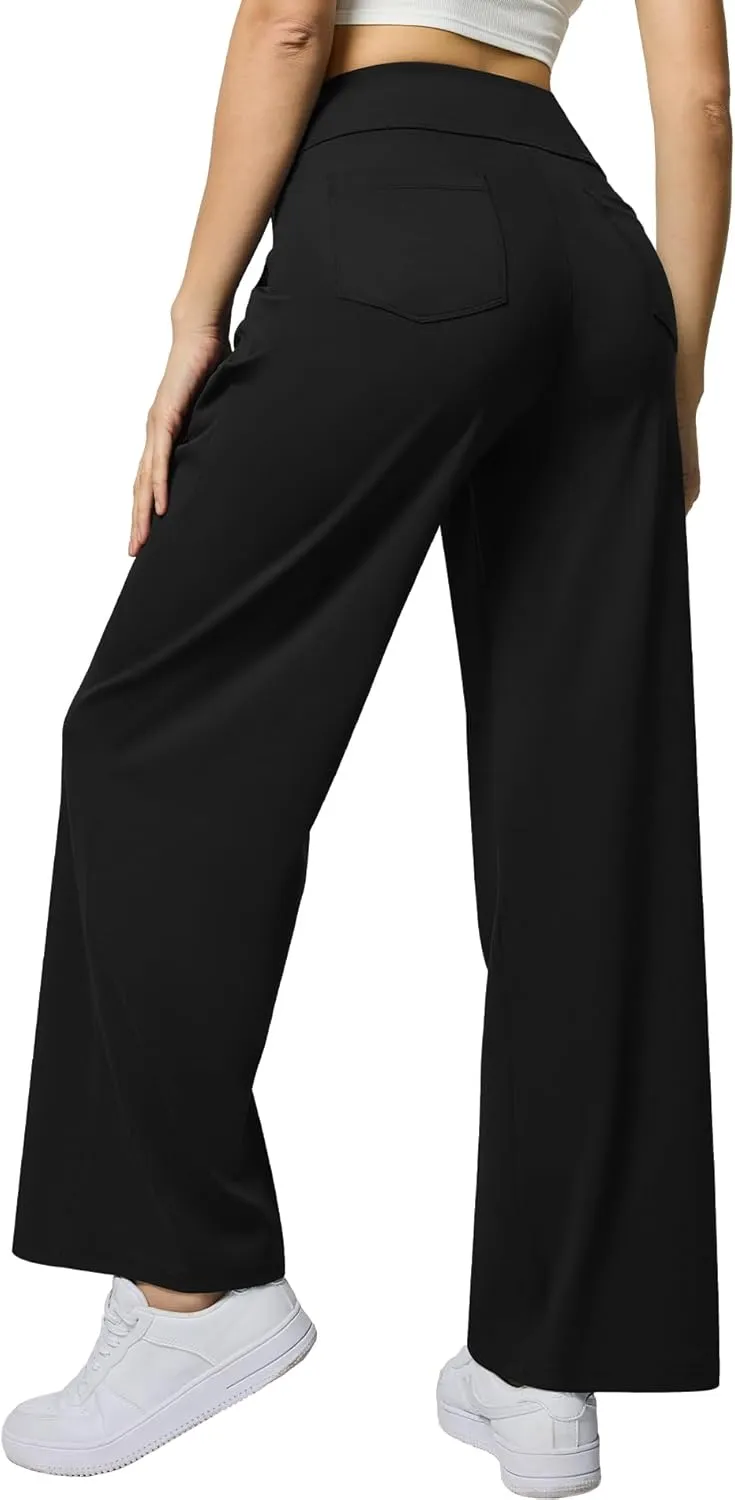 Womens Wide Leg Pants Pull On High Waist Stretch Dress Business Casual Yoga Work Pants with 5 Pockets
