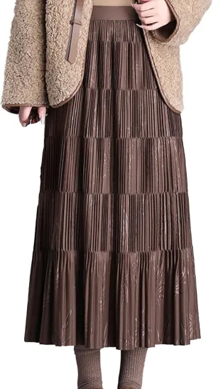 Women's Winter Fall High Waist Long Skirt Casual Print Pleated Midi Skirt for Party Prom