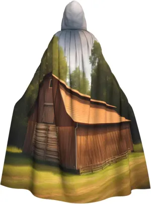 Wooden Barn Countryside Print Halloween Hooded Cloak Hooded Cape Adult Halloween Costume Cosplay Witch Cloak with Extra Comfort Black