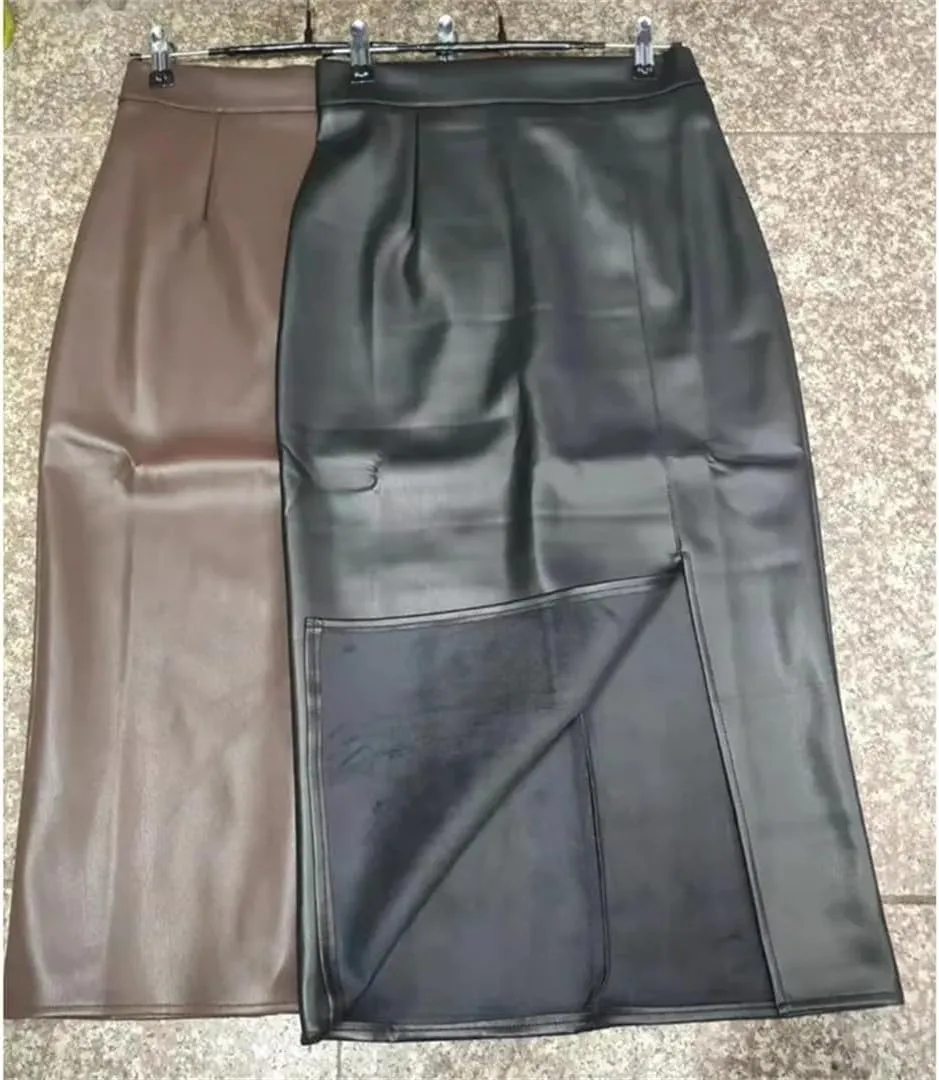 Wrap Bodycon Pencil Skirts Women Winter Fashion Office Pu Faux Leather Midi Split Skirt