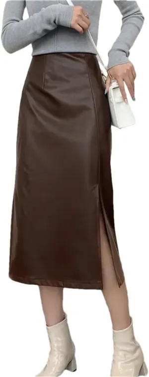 Wrap Bodycon Pencil Skirts Women Winter Fashion Office Pu Faux Leather Midi Split Skirt