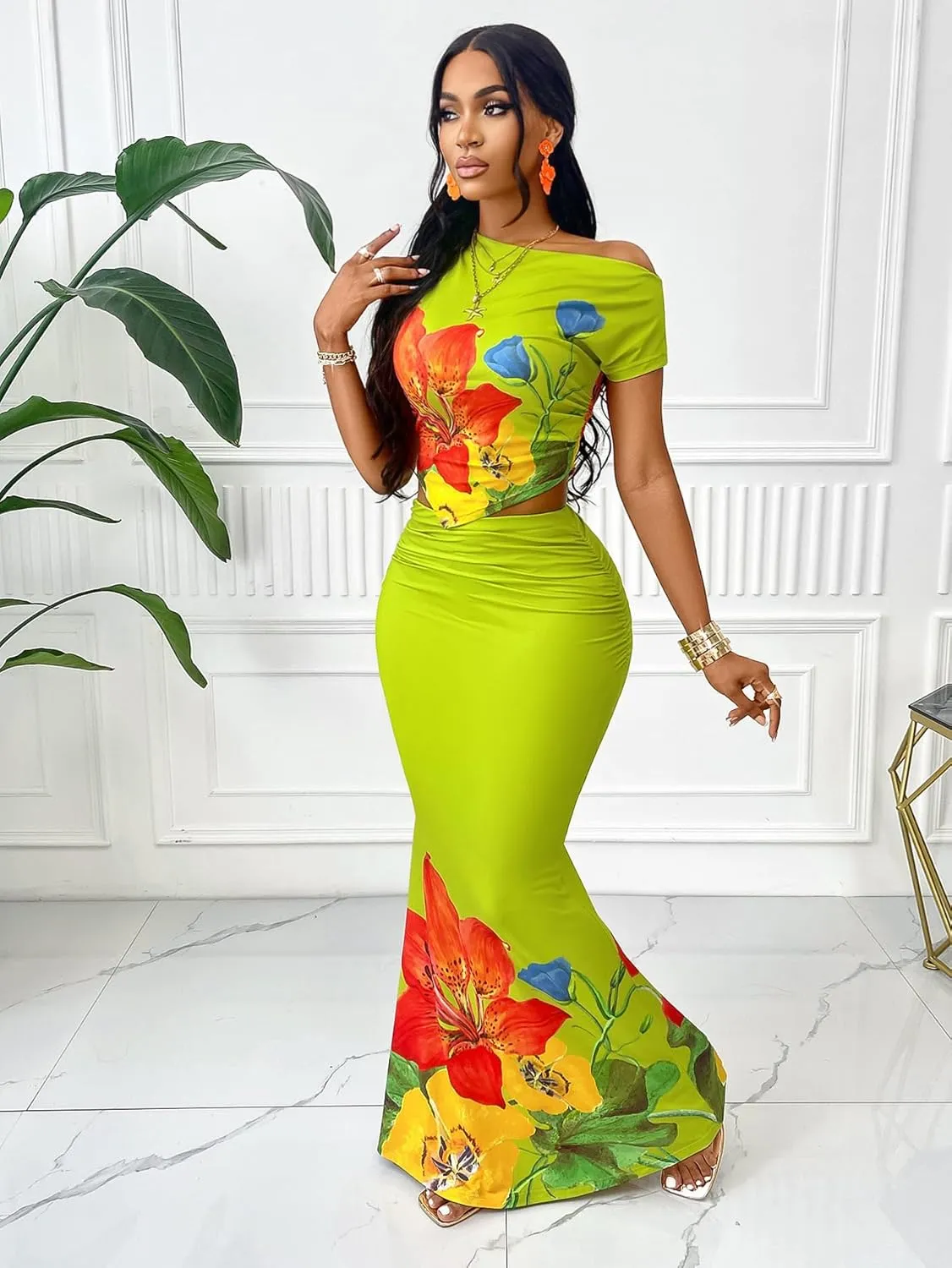 Wuitrie Women 2 Piece Outfits Floral Sexy Crop Top Fishtail Maxi Skirt Bodycon Casual Vacation 2 Piece Sets for Women