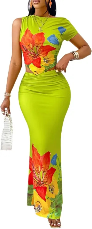 Wuitrie Women 2 Piece Outfits Floral Sexy Crop Top Fishtail Maxi Skirt Bodycon Casual Vacation 2 Piece Sets for Women