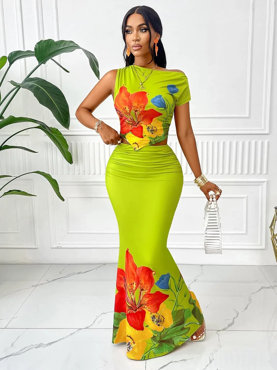 Wuitrie Women 2 Piece Outfits Floral Sexy Crop Top Fishtail Maxi Skirt Bodycon Casual Vacation 2 Piece Sets for Women