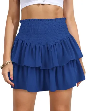 Wuitrie Women Skirts Tiered Layered Pleated Skirt Mini Skirt Elastic High Waist Casual Sports Vacation Skirt for Women