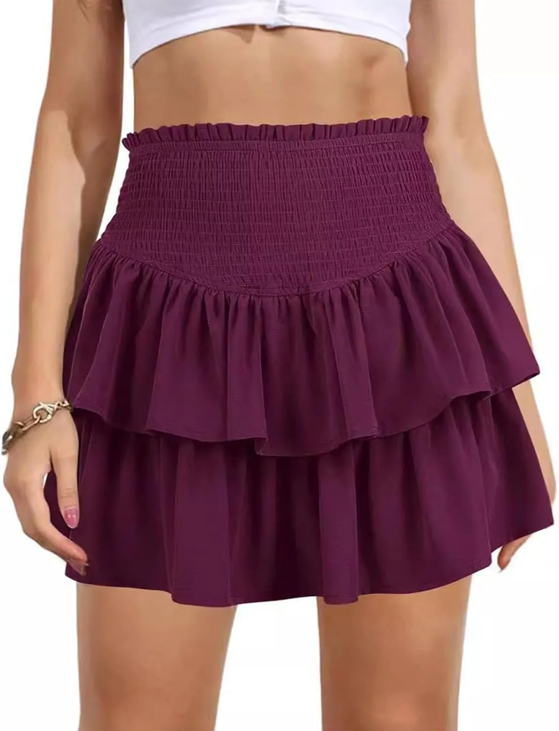 Wuitrie Women Skirts Tiered Layered Pleated Skirt Mini Skirt Elastic High Waist Casual Sports Vacation Skirt for Women