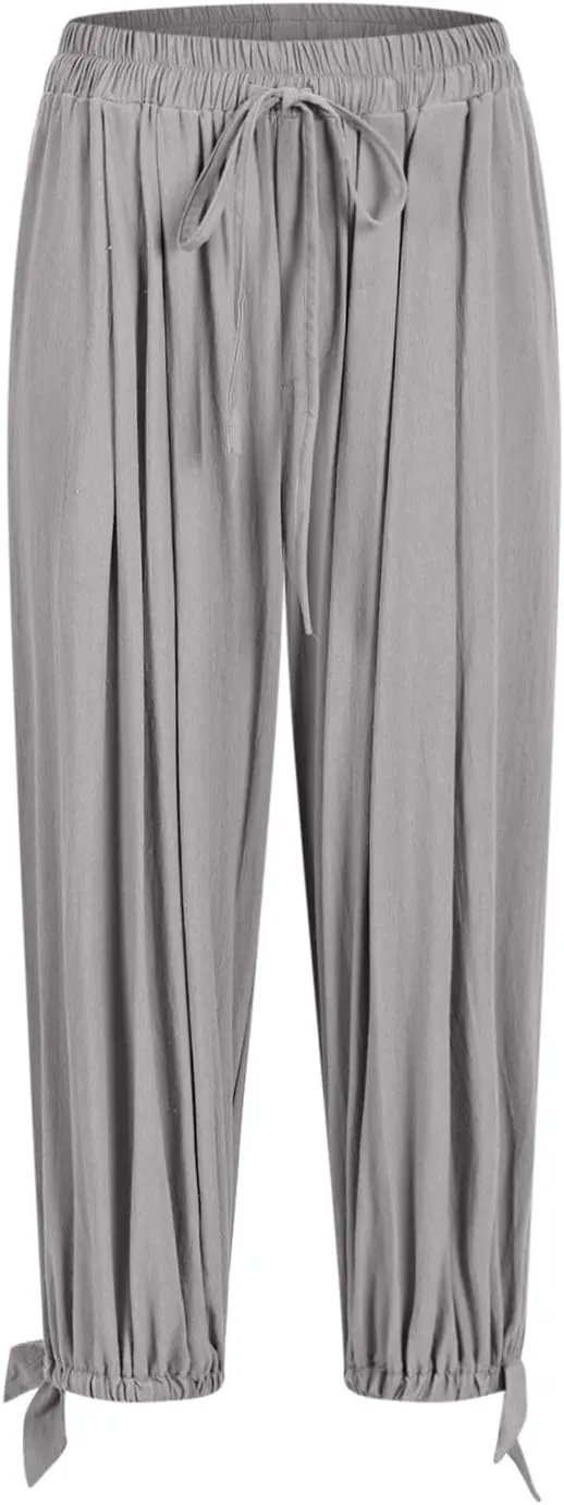 Xiaojmake Women Casual Beach Pants Summer Cinched Bottom Linen Capris Drawstring Elastic High Waist Cotton Cropped Trousers