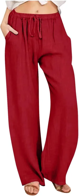 Xiaojmake Women's Summer Cotton Linen Pants Wide Leg Casual Drawstring High Waist Palazzo Pants Loose Trousers with Pocket