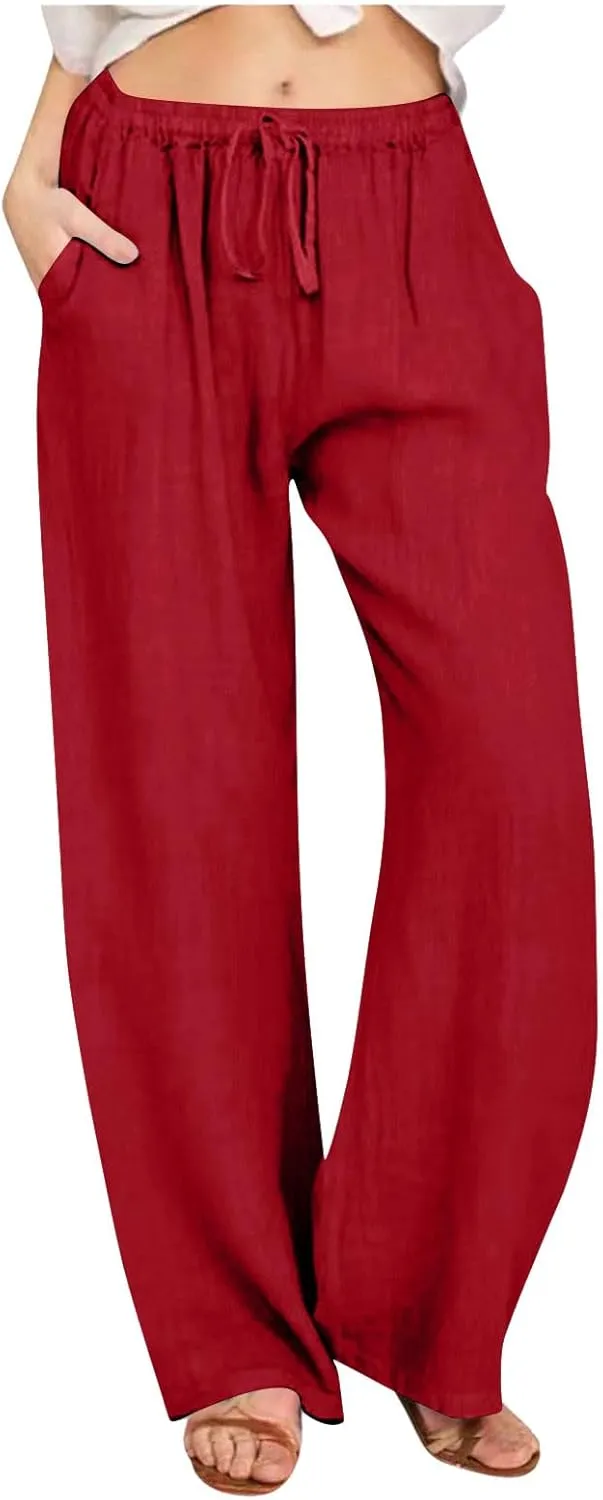 Xiaojmake Women's Summer Cotton Linen Pants Wide Leg Casual Drawstring High Waist Palazzo Pants Loose Trousers with Pocket