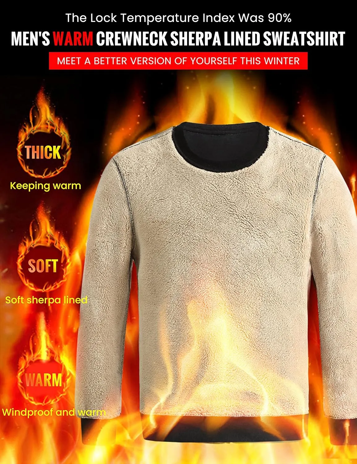 Yeokou Men's Fleece Sweatshirt Sherpa Lined Crewneck Basic Winter Thick Pullover Tops