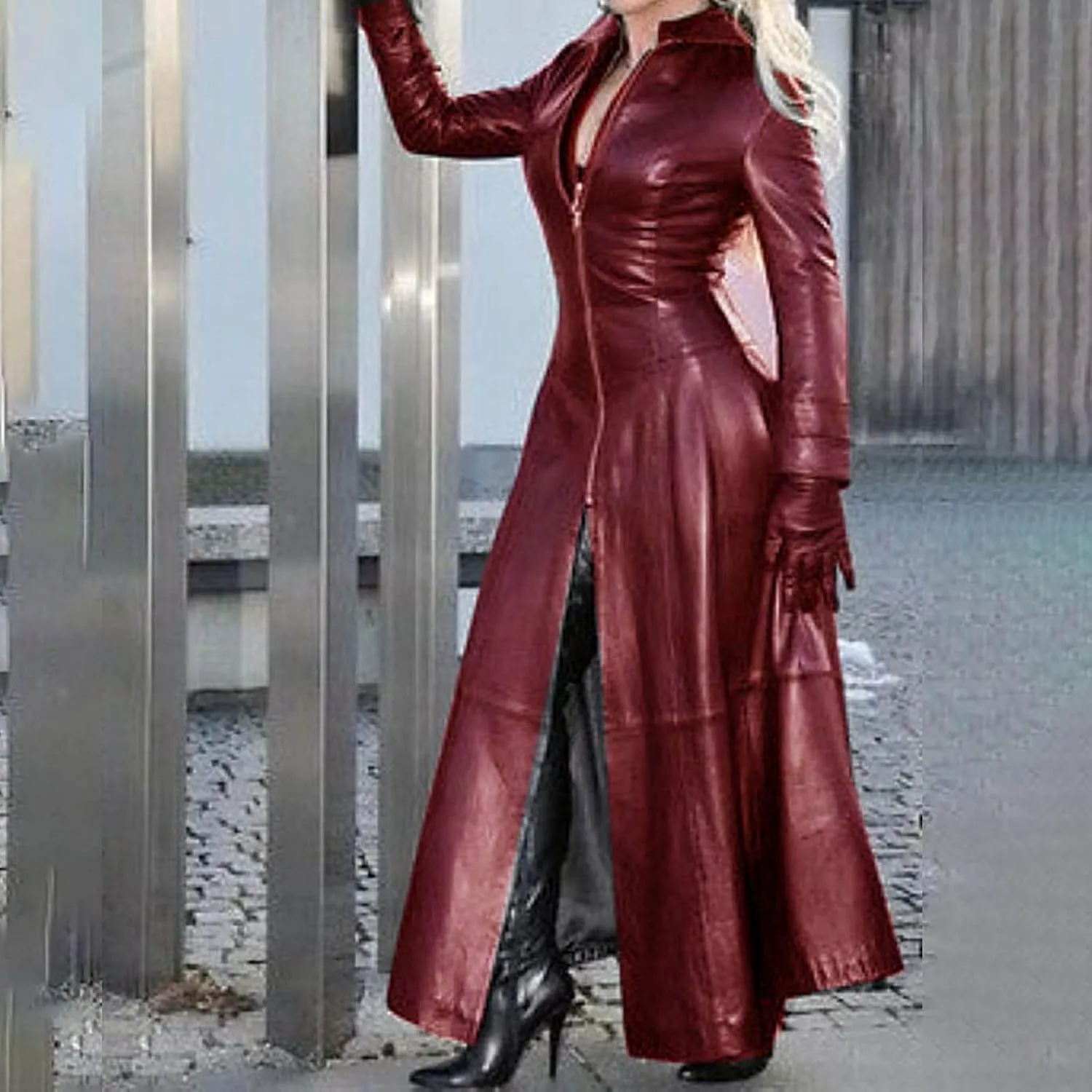 YRAETENM Leather Trench Coat Women Long Sleeve Zipper Dress Jacket Fashion Mock Neck Ankle Length Overcoat Waterproof Outwear
