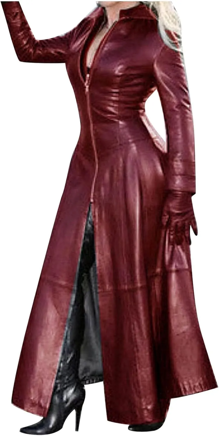 YRAETENM Leather Trench Coat Women Long Sleeve Zipper Dress Jacket Fashion Mock Neck Ankle Length Overcoat Waterproof Outwear